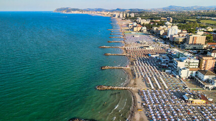 Aerial view of Misano Adriatico Beach from drone in summer season, Italy - obrazy, fototapety, plakaty