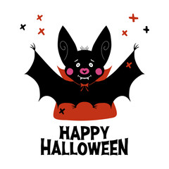 Cute cartoon vampire bat with fangs and red cloak. Doodle cross elements and happy halloween lettering. Halloween greeting card. Isolated on white background. Vector stock illustration.