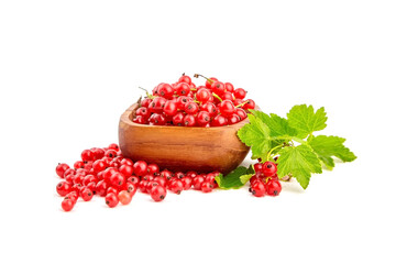 Red currant berries in bowl isolated on white background