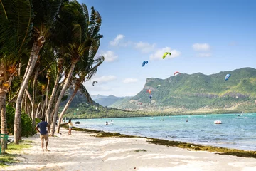 Fotobehang Le Morne, Mauritius tropical beach with palm trees and beach