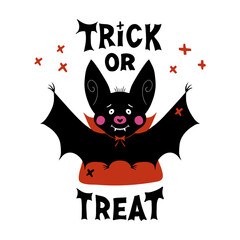 Cute cartoon vampire bat with fangs and red cloak. Doodle cross elements and Trick or treat lettering. Halloween greeting card. Isolated on white background. Vector stock illustration.