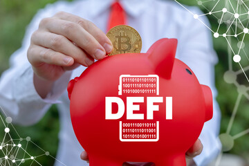 DEFi Decentralized Finance Concept. Businesswoman holding red piggy bank with smartphone DEFI icon and put bitcoin.