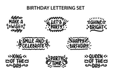 Fototapeta premium Vector set of hand lettering with birthday phrases. Template set for cards, postcards, banners, posters, social media