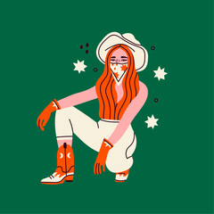 Stylish red haired young Woman with a cowboy hat and bandana. Cowboy girl sitting and wearing orange boots and gloves. Hand drawn colored trendy Vector illustration. Isolated on a green background