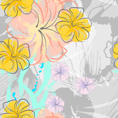 Pink Flowers Blooming Pattern. Pastel Watercolor.