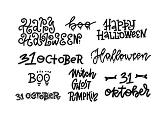 Happy Halloween set of handmade quotes trendy line typography. For holiday design card decor spooky phrase and flyers. Modern Halloween calligraphy vector. 31 october, Boo, Witch