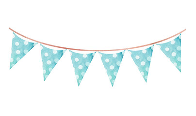 Watercolor blue birthday party garland with triangle flags isolated on white background. Greeting card decoration
