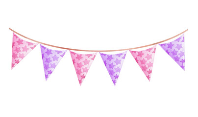 watercolor pink party banner with triangle flags isolated on white background for birthday decor, greeting cards, baby shower bunting