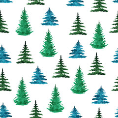 watercolor green pine trees seamless pattern on white background for fabric, textile, scrapbook, wrapping, christmas decor, nordic style