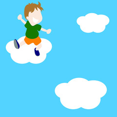 Child jumping on a cloud in the sky
