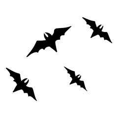 Pinioned black bats swarm isolated on white vector Halloween background. Flittermouse night creatures illustration. Silhouettes of flying bats vampire Halloween symbols vector illustration