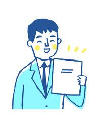 書類を見て喜ぶ若い男性