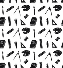 Vector seamless pattern of black hand drawn doodle sketch school office chancellery on white background