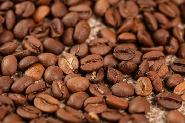 coffee beans on wooden background. coffee concept background poster