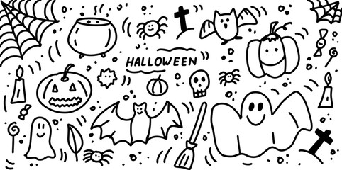 Halloween doodle elements collection. Hand drawn icon set. Pumpkin, Ghost, bat, cauldron, skull, spider web, witch s broom. Cartoon vector illustration isolated on white background.