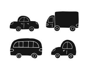 Vector set bundle of black hand drawn doodle sketch car isolated on white background