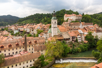 Fototapeta na wymiar Panoramic aerial view of medieval old town of Skofja Loka, Slovenia.