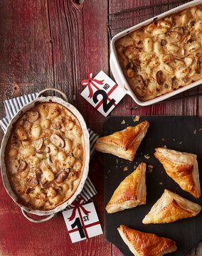Overhead Festive Tourtiere Turnovers,  Mushroom and Onion Casseroles