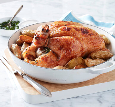 Roasted chicken with fingerling potatoes and salsa verde