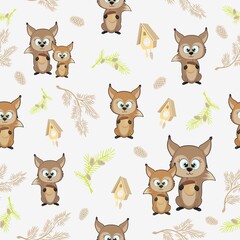 Pattern with whites on a white background. Seamless background with forest squirrel and cones