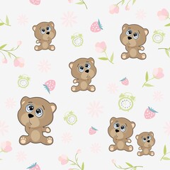 Small bears on a seamless light background. Vector pattern with a bear for children