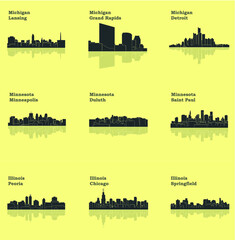 Naklejka premium Detroit, Lansing, Grand Rapids, Duluth, Minneapolis, Saint Paul, Chicago, Peoria, Springfield (Set of 9 City) 