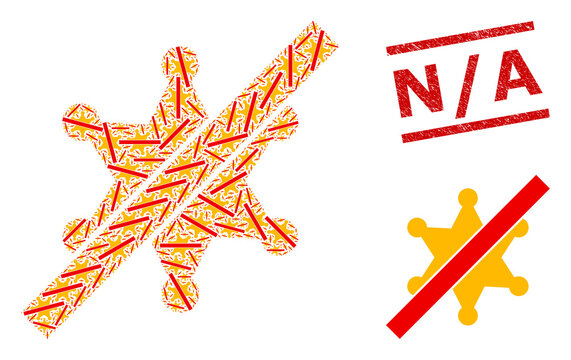Fractal combination no sheriff star and N/A corroded stamp seal. Vector mosaic is constructed with randomized no sheriff star parts. Stamp seal includes N/A tag between parallel lines.