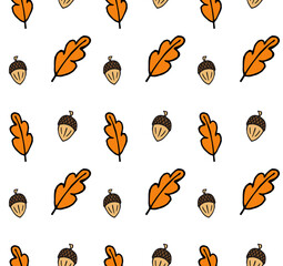 Vector seamless pattern of hand drawn doodle sketch colored acorn and leaves isolated on white background