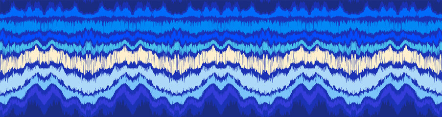 Ikat border. Geometric folk ornament. Ink on clothes. Tribal vector texture. Seamless striped pattern in Aztec style. Ethnic embroidery. Indian, Scandinavian, Gypsy, Mexican, African rug.