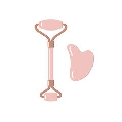 Vector flat cartoon rose quartz massage roller and gua sha isolated on white background