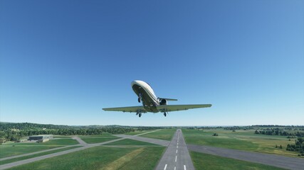 An airplane in the sky over Brazil, a jet over Brazil, an airplane flies over meadows and forests, an airplane over the ground. Photorealistic 3D render.