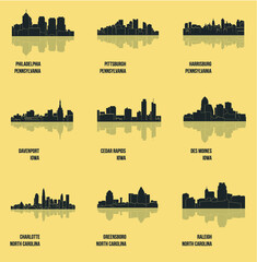 Des Moines, Harrisburg, Raleigh, Davenport, Charlotte, Pittsburgh, Cedar Rapids, Greensboro, Philadelphia (Set of 9 City silhouette)