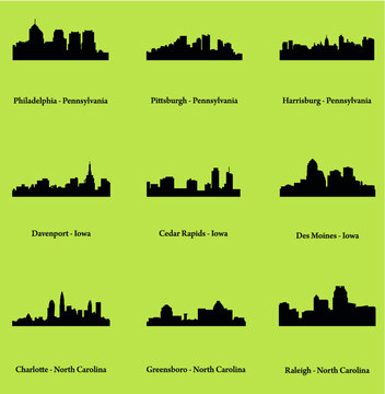 Des Moines, Harrisburg, Raleigh, Davenport, Charlotte, Pittsburgh, Cedar Rapids, Greensboro, Philadelphia (Set of 9 City silhouette)