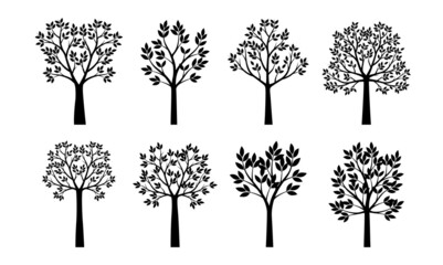 Set black Trees with Leaves. Vector outline Illustration. Plant in Garden.