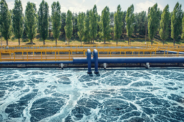 Reservoir for aeration and biological purification of sewage at wastewater treatment plant.