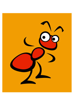 Stylized image of a red ant on a yellow background. Vector drawing for logo and illustrations.