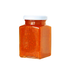 Jar with jam isolated on white background. Cloudberry jam