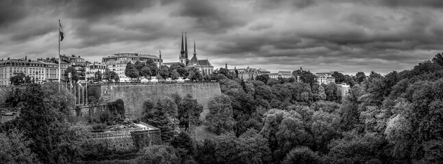 Black and White Panorama of Vallé de la Pétrusse (Petrusse Park) viewed from the Adolphe Bridge in the city of Luxumbourg