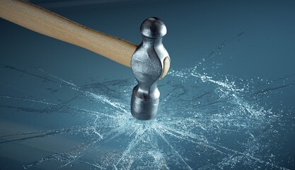 Hammer hitting glass, shattering it.