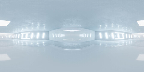 3d illustration spherical full 360 vr degrees hdr style panorama, white futuristic industrial 3D render hall