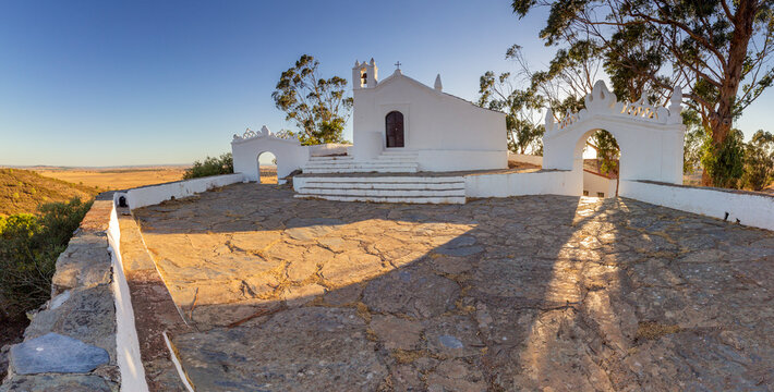 Ermida de Nossa Senhora de Aracelis, a hermitage and church perched on a Alentejo hill, looking out on beautiful views across the plateau. Portugal.