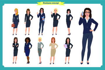 Obraz premium Business people set of women's. Businesswoman character design. isolated vector on white. People character set in various poses different nationalities.flat cartoon. Business woman. Teamwork, office