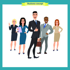 Business team. A group of people dressed in strict suit. Vector illustration in a flat style. business teamwork.isolated vector on a white.People character different nationalities.flat cartoon