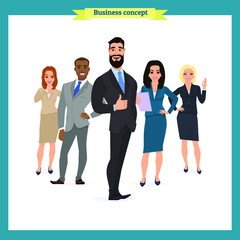 Obraz premium Business team. A group of people dressed in strict suit. Vector illustration in a flat style. business teamwork.isolated vector on a white.People character different nationalities.flat cartoon