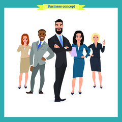 Fototapeta premium Business team. A group of people dressed in strict suit. Vector illustration in a flat style. business teamwork.isolated vector on a white.People character different nationalities.flat cartoon