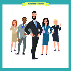 Obraz premium Business team. A group of people dressed in strict suit. Vector illustration in a flat style. business teamwork.isolated vector on a white.People character different nationalities.flat cartoon