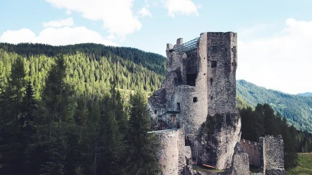 Aerial view of medieval Andraz Castle, Italian Dolomites
