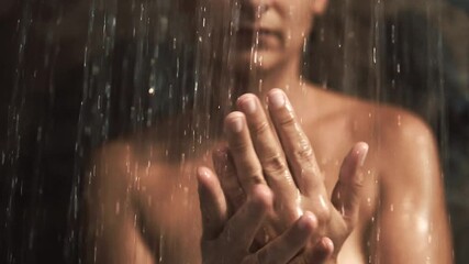 A woman washes her hand in the shower cabin. Close up view in shower cabin under splashing water
