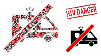 Fractal collage no patrol car and HIV Danger textured seal. Vector collage is constructed from scattered no patrol car parts. Stamp seal includes HIV Danger title between parallel lines. © imagecatalog