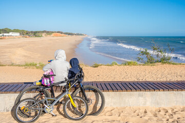 Obraz premium Back view of family looking at the beach, tourists use bicycles. Sunny blue sky outdoors background. Ecotourism activity concept.